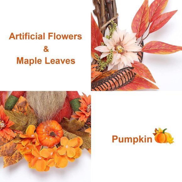 Fall Wreath with Plush Gnome, 15 Inch Artificial Grapevine Wreath with Flowers - Picture 2 of 7